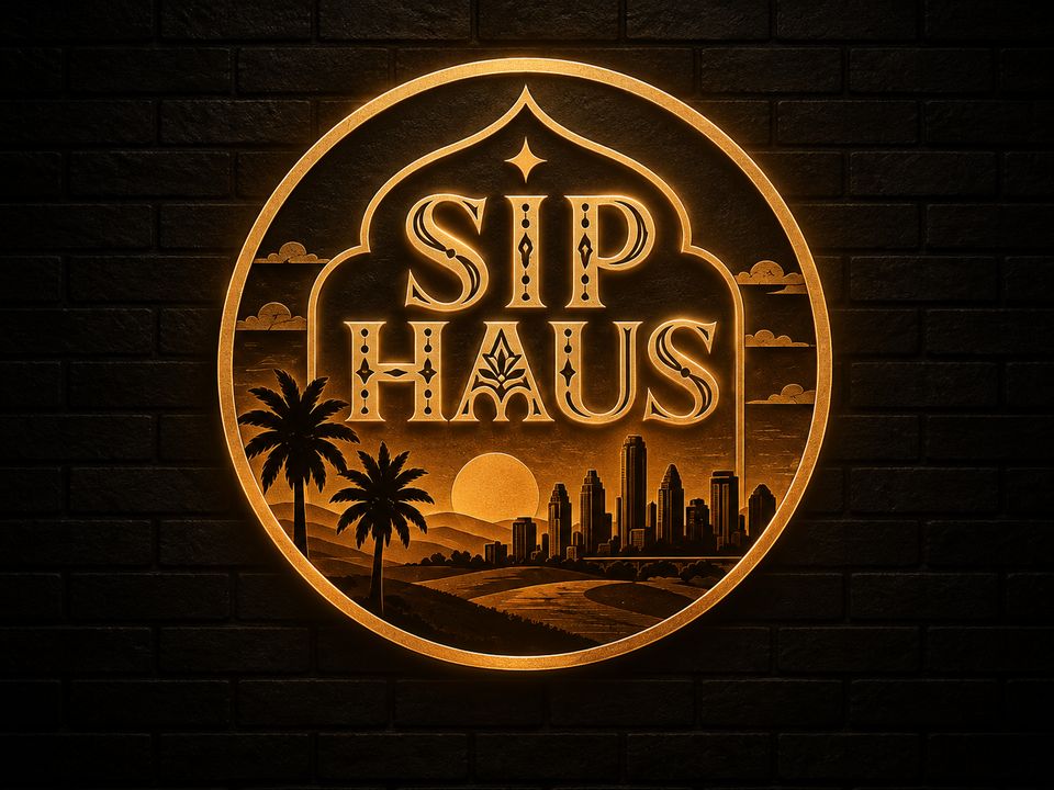 Sip Haus logo as a gold neon sign